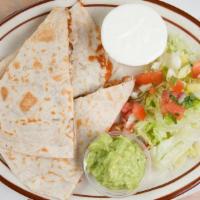 Super Quesadillas · Choice of meat, cheese ,side of lettuce, picode gallo, sour cream and guacamole.