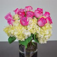 Lavender Design – V287 · Premium roses and white hydrangeas are designed artfully in a contemporary clear glass vase ...