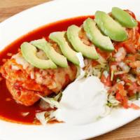 Burrito Mojado · choice of Meat, beans, Rice, Cheese, topped with Red Salsa, Melted Cheese, Sour Cream and Gu...