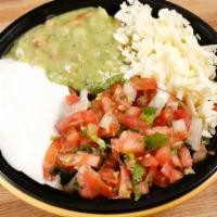 Burrito Bowl · Choice of meat, beans, rice, sour cream, guacamole, salsa, cotija cheese or Monterey jack ch...