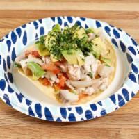 Ceviche Mixto · Prawns and Tilapia marinated in lemon-lime juice, pico de gallo and topped with avocado.