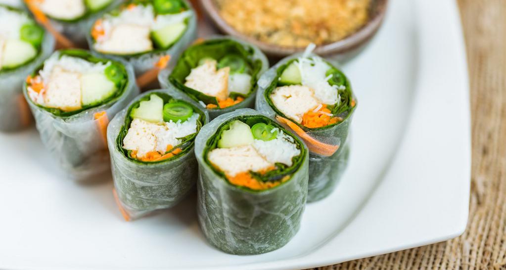 Fresh Rolls · Green leaf, cucumber, mints, and sweet tofu, wrapped with rice paper, served with plum sauce and crushed peanuts.