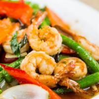 Spicy Basil-Chicken · Sautéed garlic, chili, green beans, bell peppers, onions and sweet basil.  Spicy.