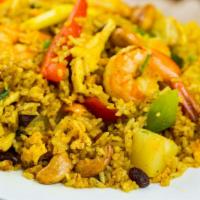 Pineapple Fried Rice · Fried rice with prawns, chicken, pineapple, egg, raisins bell peppers, onions, curry powder,...