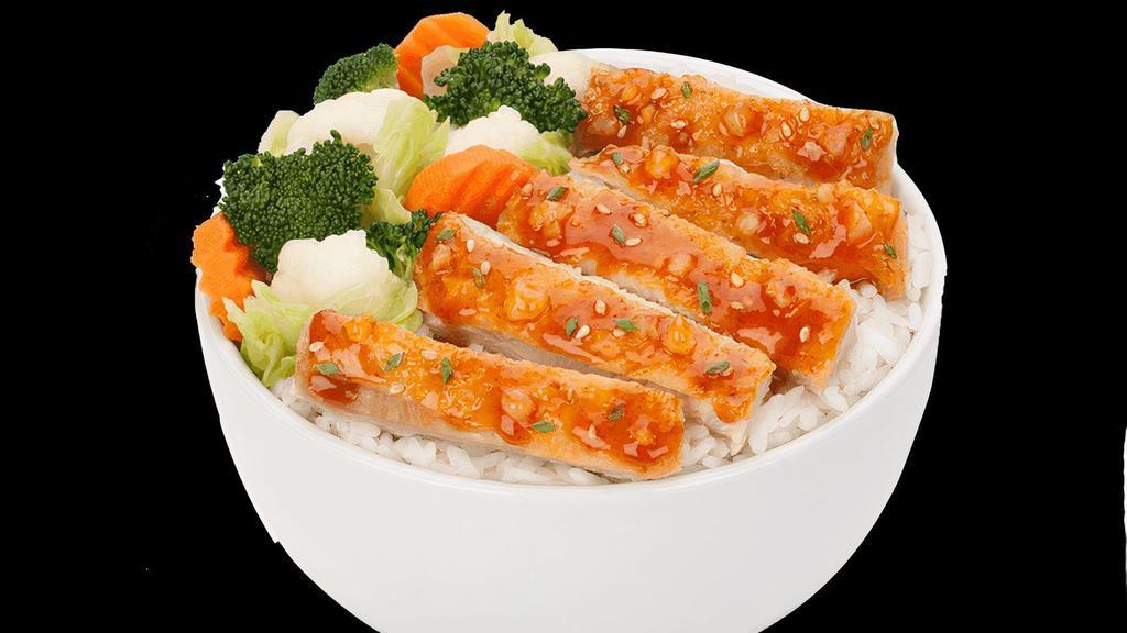 Regular Habanero Chicken · Fresh, grilled chicken, glazed with our spicy and sweet habanero pineapple sauce and topped with sesame seeds and green onions. Served with your choice of rice and veggies..