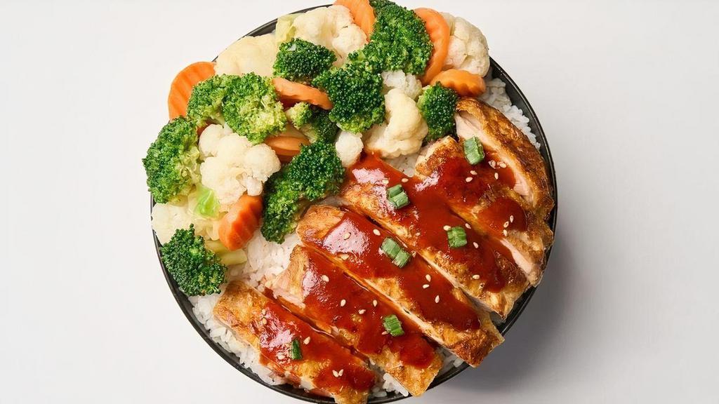 Regular Hanabi Hot Chicken · Fresh, grilled chicken, glazed with our Hanabi hot sauce.  Served with your choice of rice and veggies.