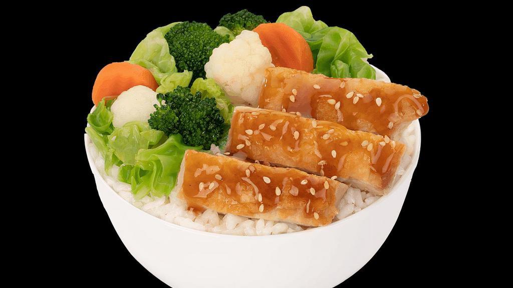 Kid Teriyaki Chicken · Fresh, grilled chicken, glazed with our signature teriyaki sauce, then lightly sprinkled with toasted sesame seeds and green onions. Served with your choice of rice and veggies..