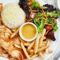 Frango Acebolado · Grilled chicken with onions served with rice, beans,
French fries, and house salad