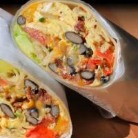 Breakfast Wrap · your choice: bacon or sausage

scrambled eggs, tomato, green onion, bell pepper, black beans...