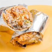 Super Burrito · Rice, beans, guacamole, sour cream, cheese, hot sauce, cilantro, onions, and your choice of ...