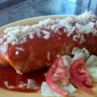 Red wet super burrito · Rice, beans, guacamole, sour cream, cheese, hot sauce, cilantro, onions, and your choice of ...