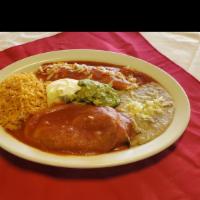 6. Enchilada, Chile Relleno, Rice, & Beans · 