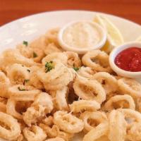 Calamari Fritti · Served with a roasted garlic aioli, and spicy cocktail sauce.