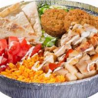 Chicken & Falafel Platter · Platters served with combo of chicken and falafel. Small platters are served with one white ...