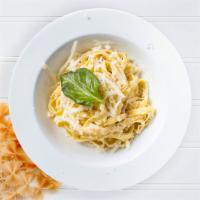  Fuggedaboutit! Fettuccine Alfredo · An Italian classic! Fettuccine pasta cooked in creamy white sauce and aged parmesan.