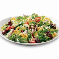 Greek Salad · Feta, kalamatas, red onion, grape tomato, red bell, scallions, and creamy oregano vinaigrette.