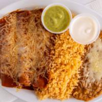 Enchilada Plate · Three enchiladas served with rice, beans, sour cream and guacamole.