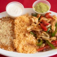 Chicken Fajitas · Chicken served with rice, beans, guacamole and tortillas.