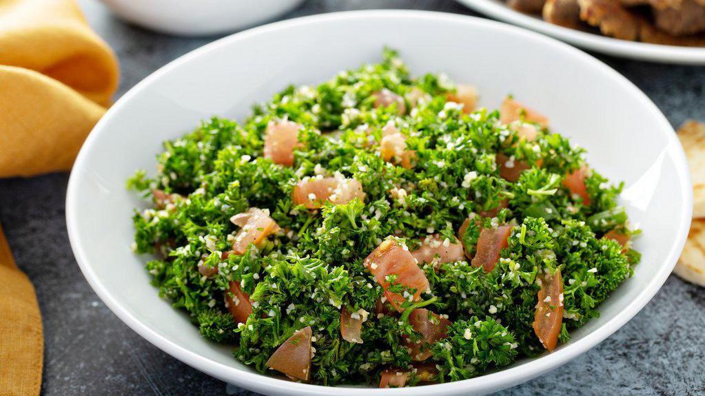 Tabbouleh 12oz · Finely chopped parsley, fresh mint, tomato, and onion, mixed with a hint of fine cracked wheat, fresh lemon juice, and extra virgin olive oil.