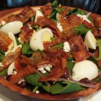 Spinach · Spinach, feta, bacon, onion, olives, 2 hard-boiled eggs, house dressing.