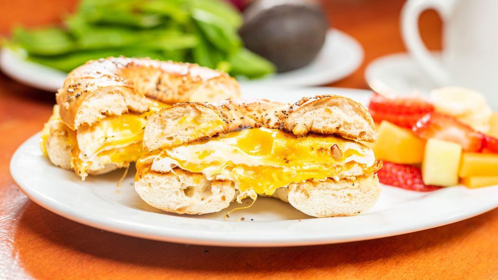 Egg Sandwich · Two eggs, mayo and cheese, on choice of bagel, croissant or focaccia. Served with English muffin and choice of fruit or hash browns.