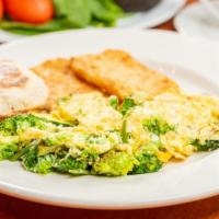 Veggie Breakfast · Two scrambled eggs, mixed with veggies. Served with English muffin and choice of fruit or ha...