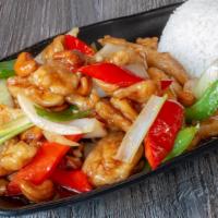 Cashew · Batter-fried chicken, bell peppers, yellow onions and Cashew nuts.