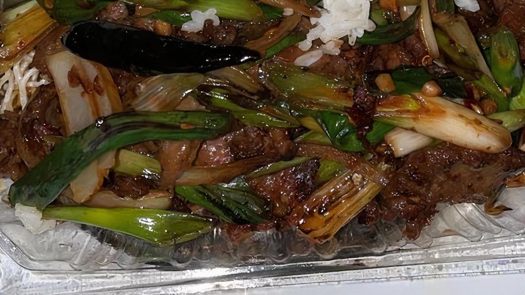 Mongolian Beef · Spicy. Beef sautéed with chili peppers and green & white onion in our special hot sauce, served on a bed of crispy rice noodles
