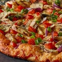 Chicken And Garlic Gourmet Pizza · Chicken, garlic mushrooms, tomatoes, red & green onions, Italian herb seasoning on creamy ga...