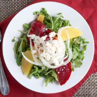 Arugula. Beet Fennel Salad · Arugula Salad with Beets, fennel, goat cheese and balsamic dressing on the side.