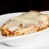 Lasagna Vegetariana · Layered lasagna pasta with eggplant, zucchini, squash, mozzarella, ricotta, parmesan and mar...