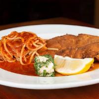 Chicken Milanese · battered in flour and breadcrumbs. Served dry without sauce comes with lemon wedge. Comes wi...