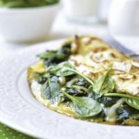 Spinach Omelette · Spinach, mushroom, tomatoes
and Swiss cheese topped with
hollandaise sauce