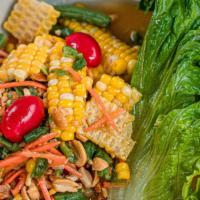 Sweet Corn Salad · Vegetarian option. Medium spicy. Dried shrimps, carrots, tomatoes, peanuts, green beans, gar...