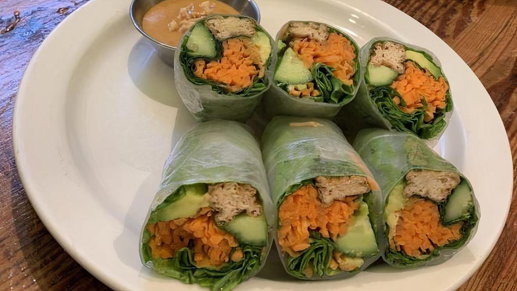 Fresh Rolls · Vegetarian option. Marinated tofu, carrot, cucumber, avocado, mint, and wrapped in rice paper. Served with curry peanut sauce.
