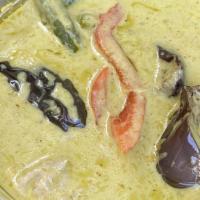 Green Curry · Medium spicy. Green coconut milk curry with green beans, eggplant, bell peppers, and sweet b...