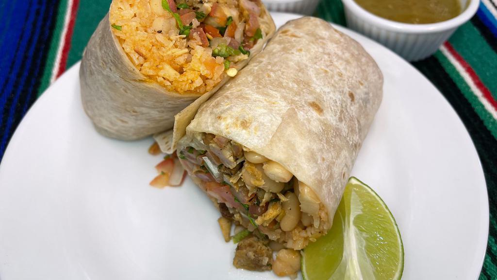 Regular Burrito · Choice of meat, rice, beans, and pico de gallo.