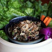 “Chieng-Mai” Lettuce Wrap · Famous northern-style chicken Larb lettuce tossed W/ aromatic herb + onion + green lettuce