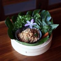 Crispy Sticky Rice Salad · Spicy crispy sticky rice + fermented pork sausage + green herbs