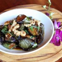 Spicy Eggplant · Wok fried purple eggplant + bell pepper + Thai basil + chili garlic W/ oyster sauce + and ch...