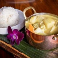 Yellow Curry · Classic yellow curry W/ potato + onion and choice of chicken or vegetable & tofu