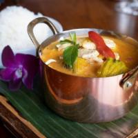Pumpkin Curry · Kabocha pumpkin + Thai basil in red curry and choice of chicken or vegetable & tofu