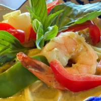 Green Curry · Thai basil in green curry + bamboo + bell pepper and choice of chicken or vegetable & tofu
