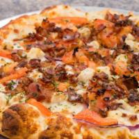 Chicken Bacon (Small) · Cal: 1530/1880. Chicken, bacon, red onions, tomatoes, cheese, white sauce.