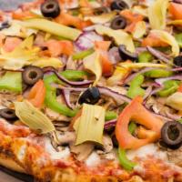 Veggie (X - Large) · Cal: 3290. Tomatoes, bell peppers, onions, mushrooms, artichoke, olives, red sauce.