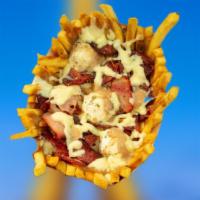Fries Special · Seasoned fries loaded with caramelized onions, American cheese, pickles, mayo, ketchup and m...