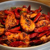 Spicy Shrimps & Pork Ribs · Spicy Shrimps & Pork Ribs cooked in steel pot
盆盆排骨虾