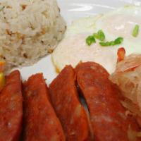 Longanisa SILOG · Pork sausage served with choice of garlic or steamed rice topped with fried eggs and a side ...
