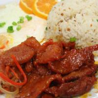 Tocino SILOG · Caramelized tender pork meat with choice of garlic or steamed rice the topped with eggs and ...