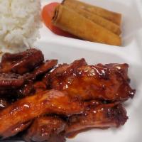 BBQ Chicken over Rice · House flavored chicken meat grilled to perfect juicy chunk served with rice and spring rolls.